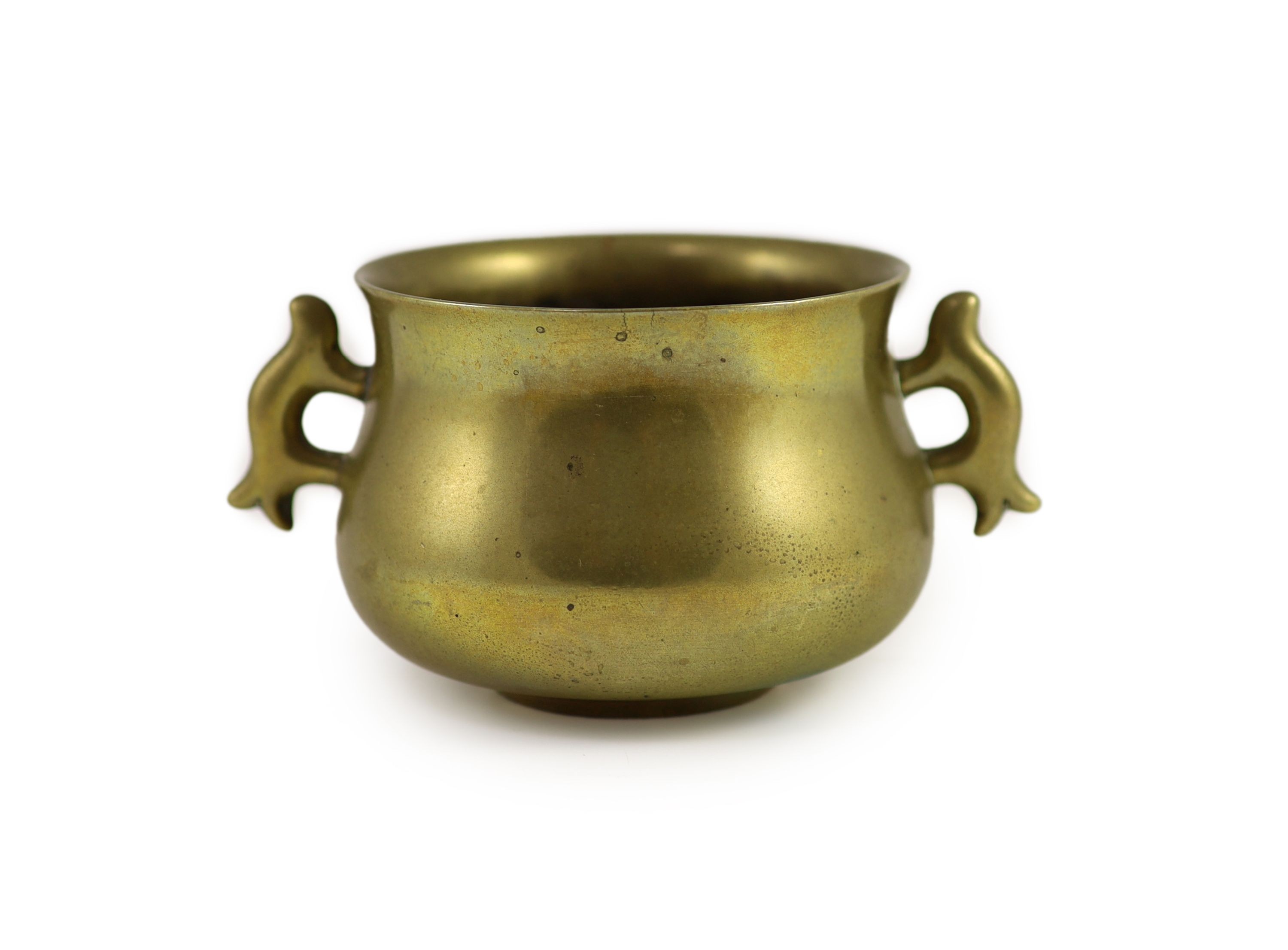 A Chinese bronze baluster shaped censer, gui, Xuande mark but 18th century, 14.5 cm wide, diameter of rim 9.6 cm